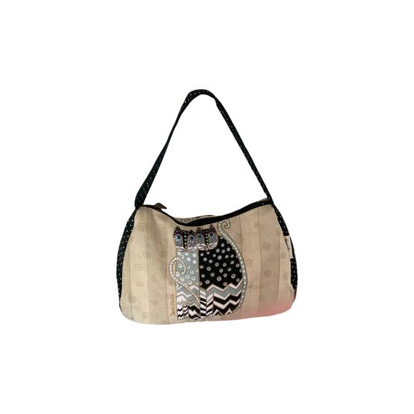 Laurel Burch Cats Shoulder Bag Cream Canvas Black With White poka Dots - Picture 4 of 11